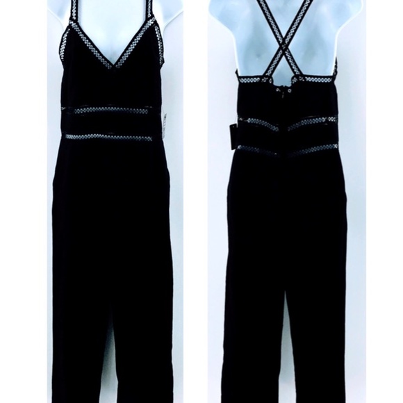 Express Pants - Express Womens Linen Blend Jumpsuit Black Lace Trim Cross Back Sleeveless Sz 6